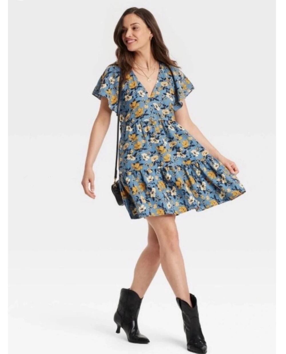 Universal Thread Floral Linen Blend Midi Dress Size M Blue Mustard Fall Boho